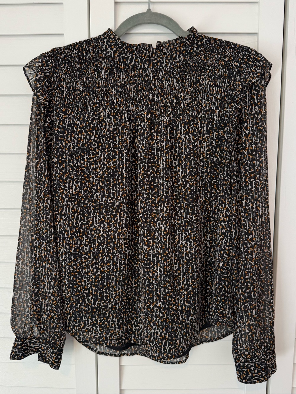 LOFT Black Printed Smocked-Neck Long Sleeve Blouse Fall Boho Flowy Work Office